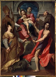 Jungfru och barn med de heliga Franciskus av Assisi, Johannes Döparen, Sankta Margareta av Antiokia och Sankta Gregorius den store (Jungfru och barn med de heliga Frans av Assisi, Johannes Döparen, Margareta och Gregorius den store). Målning av Gregoire Pa