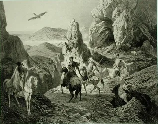 A Falcon Hunt near Yerevan, Armenia, skylt 20 från en bok om Kaukasus, graverad av Eugene Ciceri (1813-90) och Adolphe Jean-Baptiste Bayot (1810-66), utgiven av Alfred Leon Lemercier, Paris
