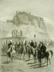 Castle of Atskhour, Akhaltsik, plåt 10 från en bok om Kaukasus, graverad av Adolphe Mouilleron (1820-81) utgiven av Alfred Leon Lemercier, Paris
