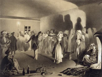 Dansfest på Kagha-Choura, Dagestan, skylt 55 från en bok om Kaukasus, graverad av Celestin Francois Nanteuil (1813-73) utgiven av Alfred Leon Lemercier, Paris, 1847