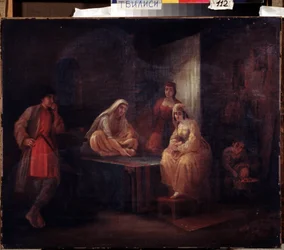 I rummet. Orientalistisk scen med Shamakha-dansare i Azerbajdzjan samlad i ett harem. Målning av Grigori Grigorievich Gagarin (1810-1893), olja på duk, rysk konst från 1800-talet. Statens georgiska konstmuseum, Tbilisi (Georg
