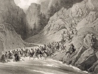 Tjerkesser på räd nära Svarta havet, plansch 4, ur en bok om Kaukasus, graverad av Eugene Ciceri (1813-90) och Adolphe Jean-Baptiste Bayot (1810-66), utgiven av Alfred Leon Lemercier, P