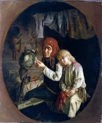 Spinning lektion - Spinning lektion - Målning av Grigori (Grigoriy, Grigory) Grigoryevich Myasoyedov (Myasoedov, Miasoedov) (1834-1911), olja på duk