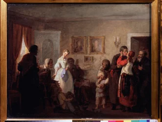 Grattis till ett nygift par i en herrgård. (Grattis till det nygifta paret i en herrgård). Målning av Grigori (Grigoriy, Grigory) Grigoryevich Myasoyedov (Myasoedov, Miasoedov) (1834-1911), olja på duk