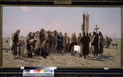 Ryska bönder och en ortodox präst ber i tider av torka. (Bön under torkan). Målning av Grigori (Grigoriy, Grigory) Grigoryevich Myasoyedov (Myasoedov, Miasoedov) (1834-1911)