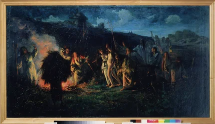 Plöjningsrit. Scen för bondelivet, slaviskt folkloristiskt firande, på natten, runt en stor eld, bönder utrustade med sina jordbruksredskap och lyktor, i procession, tar med sig en ung naken flicka, i hopp
