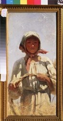 En skördare. Porträtt av en ung bondkvinna i traditionell dräkt, i ett vetefält mitt i sommaren för skörden. Målning av Grigori (Grigoriy, Grigory) Grigoryevich Myasoyedov (Myasoedov, Miasoedov) (1834-1911), olja på duk. ru konst