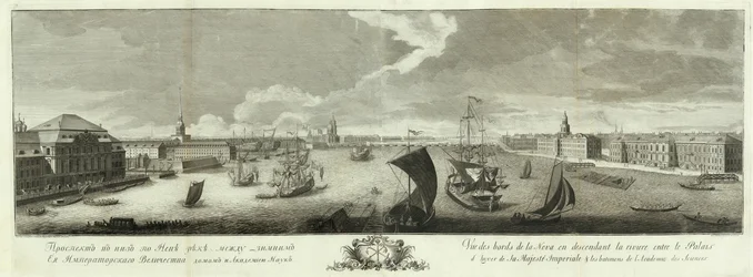 Utsikt över Neva nedströms mellan Vinterpalatset och Vetenskapsakademiens bok till 50-årsdagen av St Petersburg, 1753
