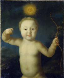 Porträtt av Tsarevich Alexis Petrovich av Ryssland (1690-1718). (Porträtt av Tsarevich Alexei Petrovich av Ryssland). Representerar bebis i Eros, naken som håller i sin båge och överträffad av en sol mitt i natten. Målning av Grigori Dmitrievich Molchanov 