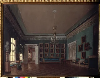 I rummet. Målning av Grigori Karpovich Mikhaylov (1814-1867), olja på duk. Rysk konst från 1800-talet. Statens Tretjakovgalleri, Moskva.