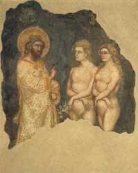 Adam och Eva inför den evige, av Guariento (verksam sedan 1338, död omkring 1367), fresco, Carrarese-kapellet, Galileiska akademin för konst och vetenskap, tidigare Patavina, Padua, Italien, omkring 1350
