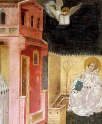 Ängelns uppenbarelse, detalj från Vision of St Augustine, scen från Stories of St Philip and St Augustine, av Guariento (aktiv sedan 1338, död ca 1367), fresk, Eremitanikyrkan (Eremiterna), Padua, Veneto. Italien
