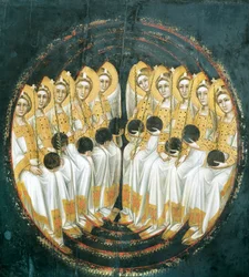 Sittande änglar med klot i händerna, av Guariento (aktiv 1338-1367 eller 1370), tempera på panel