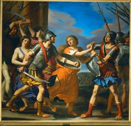 Hersilia skiljer Romulus och Tatius, sabinernas kung, åt...