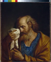 Aposteln Sankt Petrus. Porträtt av Jesu lärjunge som torkar tårarna som rinner nedför hans ansikte. Målning av Giovanni Francesco Barbieri, kallad Guercino (Il Guercino) (1591-1666)