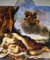Venus nursing Love, målning av Giovanni Francesco Barbieri, känd som il Guercino (1591-1666).