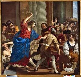 Kristus som driver ut låntagarna från templet Målning av Giovanni Francesco Barbieri dit Il Guercino (The Guerchin) (1591-1666)