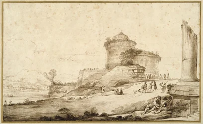 Landskap med en trasig kolumn, ett slott och många figurer i förgrunden till höger (penna & bläck på papper)