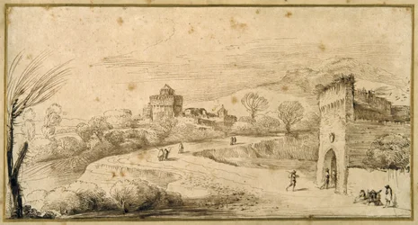 Landskap med en krenelerad portbyggnad och en slingrande väg (penna och bläck på papper)