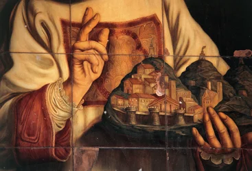 San Marino som välsignar staden som han håller i sin hand, olja på duk, av Giovanni Francesco Barbieri, kallad Guercino (1591-1666), Kongress- och publikhall, Kongresspalatset, San Marino, Republiken San Marino