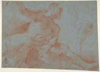 Sittande gammal man med höger arm upphöjd (Tithonus) (recto)