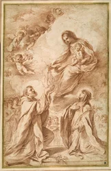 "Madonna del Rosario" med St Dominic och St. Catherine av Siena (röd krita på papper)