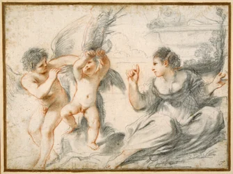 Venus tillrättavisar Amor, medan en äldre Amor binder honom vid ett träd