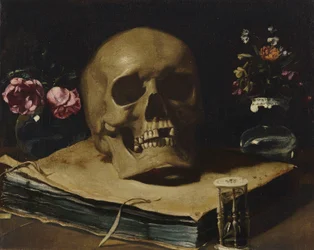 Guercino - Ett vanitas stilleben med en dödskalle ovanpå en bok, ett timglas och två glasvaser med blommor