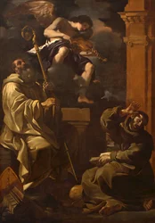 Saint Benedict och Saint Francis lyssnar på en musikerängel.