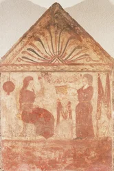 Målad gravsten som visar kvinnan sittande på tronen i spinning, från Andriuolo-Laghetto i Paestum, Kampanien, Italien
