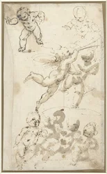 Putti och en flytande ängel