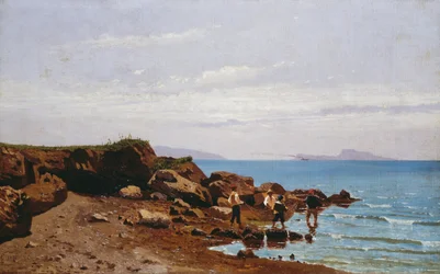 Fiskare på den napolitanska kusten, med ön Capri i bakgrunden, av Guglielmo Ciardi (1842-1917), olja på duk, 47,5x76,5 cm