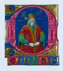Initial D[omine] från en körbok: Kung Salomo, ca. 1470-1480.