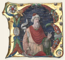 Initial R från en körbok med kung David, ca. 1470-1480.