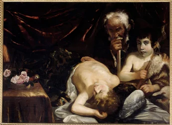 Det sovande barnet Jesus med Johannes Döparen och Sankt Josef Målning av Guido Cagnacci (1601-1681). 1630-1640. Storlek 0,94x1,31 m Chantilly, Conde museum