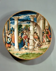 Fat föreställande S:t Petrus och S:t Johannes som botar den lame mannen vid templet, ca 1540-50 (maiolica)