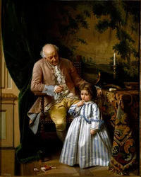 Reprimanden. En liten flicka får skäll för att hon har sönder sin docka. Leksaken föll till golvet. Målning av Guido Gonin (1833-1906)
