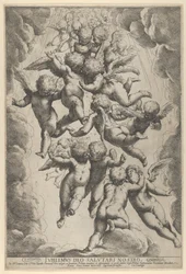 En grupp änglar som omfamnar under flykten, inramade av moln, ca. 1607., ca. 1607.