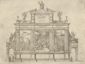 Fasad av ett triumfmonument med tre scener som visar påven Clement VIIIs gärningar, en t..., 1598.