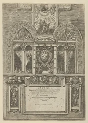 Fasad av Palazzo del Senato i Bologna med de påvliga vapen i centrum, med tillfällig ..., 1598.