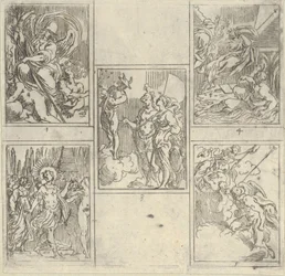 Fem numrerade scener, var och en efter en målare i Accademia Degli Incamminati, från IL FUME..., 1603.
