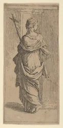 Flicka som bär ett krucifix och kliver mot en pilaster, sedd bakifrån, ca. 1590-1600.