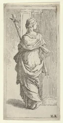 Flicka som bär ett krucifix och kliver mot en pilaster, sedd bakifrån, ca. 1590-1600.