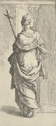 Flicka som bär ett krucifix och kliver mot en pilaster, sedd bakifrån, ca. 15..., ca. 1590-1600.