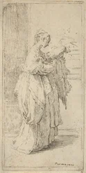 Flicka som bär en kudde, sedd i profil vänd åt höger, 1590-1690.