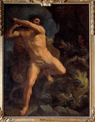Hercules Terrassing the Hydra of Lerne Målning av Guido Reni dit le Guide (1573-1642) 1617 Sön. 2,6x1,9 m