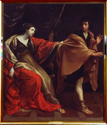 ""Joseph och Potifars hustru"" (Joseph och Potifars hustru) Josef flyr från Potifars hustru (Potifar) och försöker förföra honom. Målning av Guido Reni, känd som Le Guide (1575-1642) 1626 Pushkin Museum, Moskva