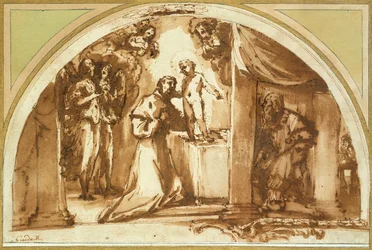 Saint Francis Adoring the Infant Christ (röd krita, penna och brunt bläck, brun tvätt)