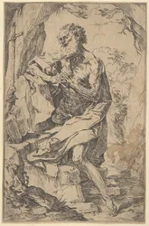 Saint Hieronymus knäböjer på en sten framför ett kors och en öppen bok vänd åt vänster,..., ca. 1600-1640.