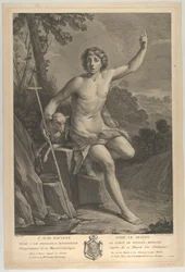 Johannes Döparen i öknen, sittande på en klippa och pekar uppåt med vänster h..., 1770